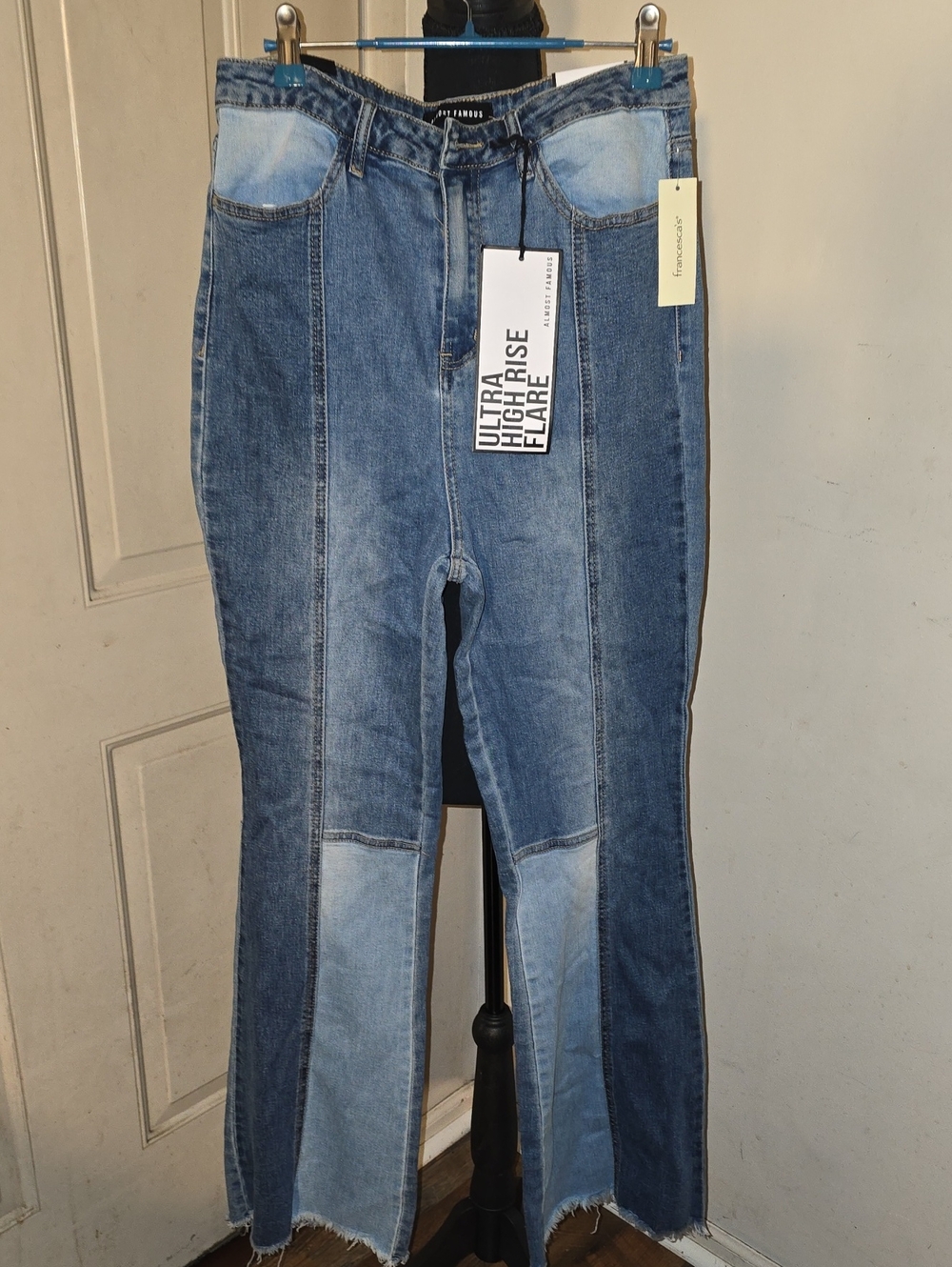 Almost Famous Two-Tone Blue Patchwork Ultra High-Rise Flare Jeans - Women
